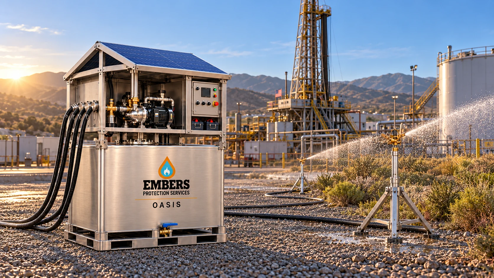 OASIS Unit and tripod sprinkler wetting a perimeter area near an onshore oil derrick and closed storage tank.