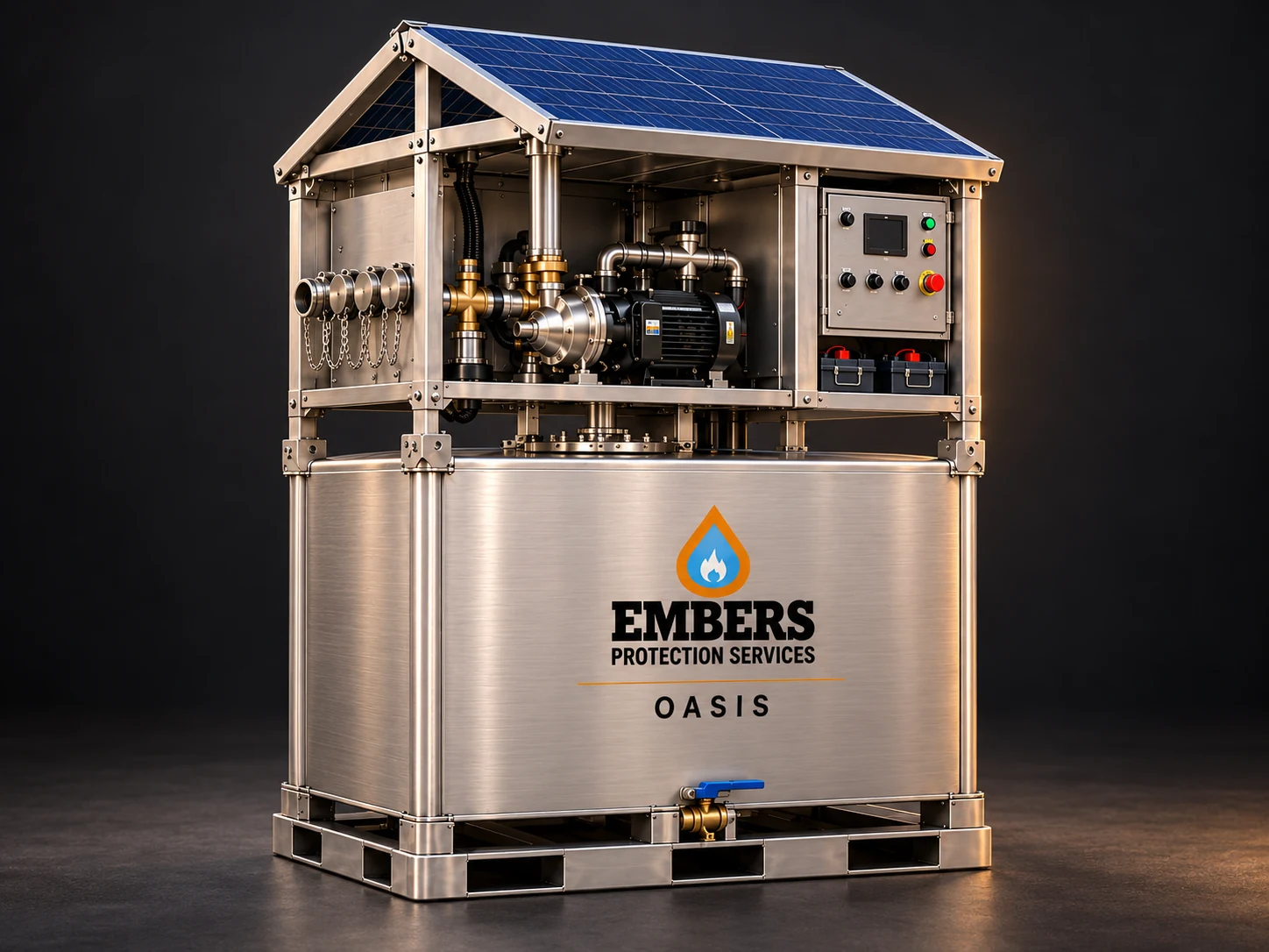 Studio visualization of the OASIS Unit showing its solar canopy, pump, four hose outlets, controls and stainless steel tank.